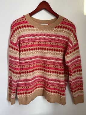 LOFT Fair Isle Crewneck Comfy Cozy Sweater in Camel Pink Red Size S